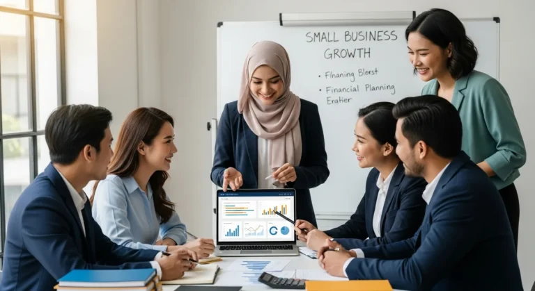 A professional team discussing accounting services for small business growth while viewing financial data.