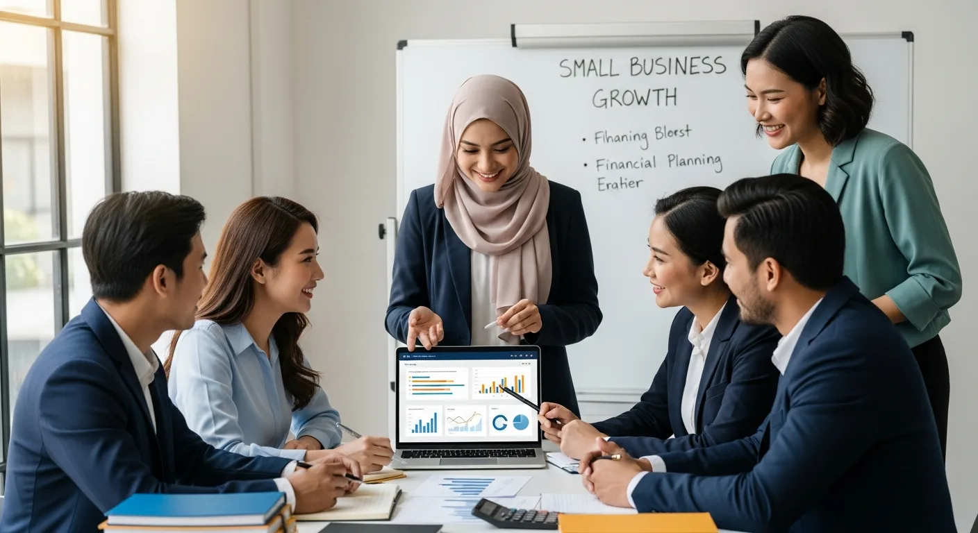 A professional team discussing accounting services for small business growth while viewing financial data.