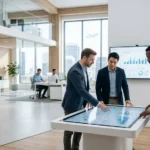 Professionals analyze data charts for an Airbase fintech company overview in a modern, open-plan office.