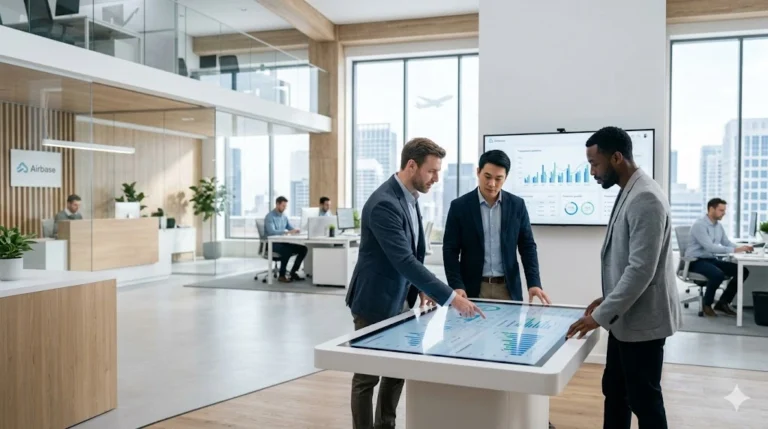Professionals analyze data charts for an Airbase fintech company overview in a modern, open-plan office.