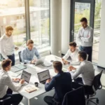 Professional men collaborating at one of the best fintech companies to work for in a modern, open-plan office.