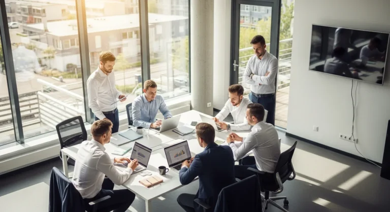Professional men collaborating at one of the best fintech companies to work for in a modern, open-plan office.