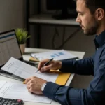 Professional providing bookkeeping services for small business at a desk with financial spreadsheets and a laptop.