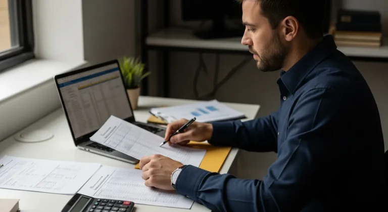 Professional providing bookkeeping services for small business at a desk with financial spreadsheets and a laptop.