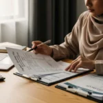 Woman in hijab reviewing documents about capital gains tax on house sale at a desk with a laptop and calculator.