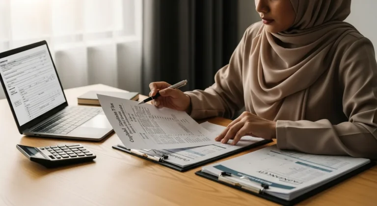 Woman in hijab reviewing documents about capital gains tax on house sale at a desk with a laptop and calculator.