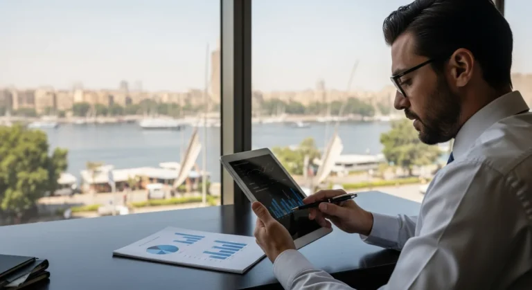 A professional using digital banking tools regulated by the Egypt fintech law no. 5 of 2022.