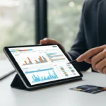 A professional uses a tablet to evaluate the fintech company pex on expense management in a corporate setting.