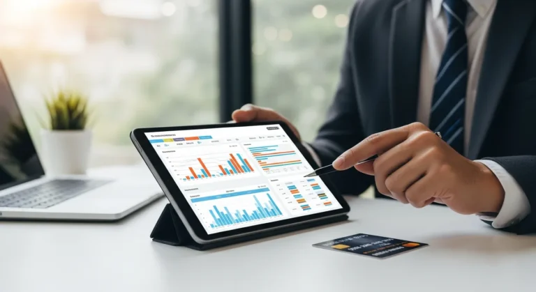 A professional uses a tablet to evaluate the fintech company pex on expense management in a corporate setting.