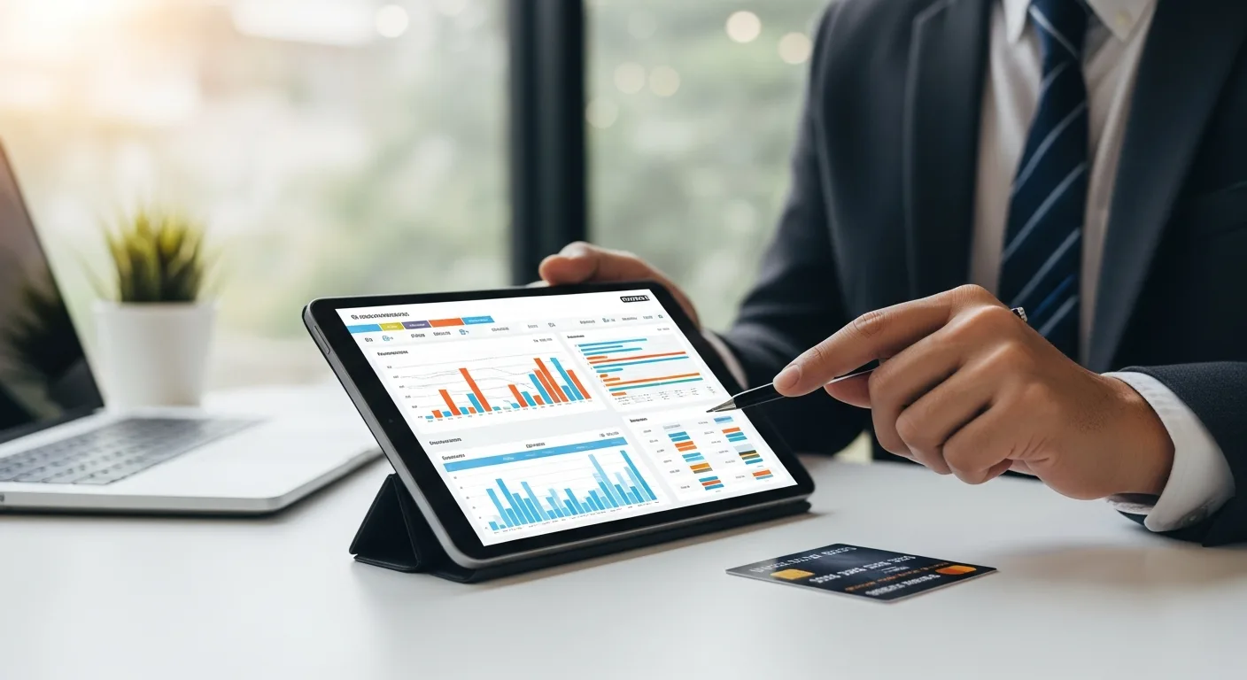A professional uses a tablet to evaluate the fintech company pex on expense management in a corporate setting.