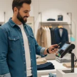 A user helps to evaluate the fintech company shopify on mobile payments via a smartphone at a retail checkout.