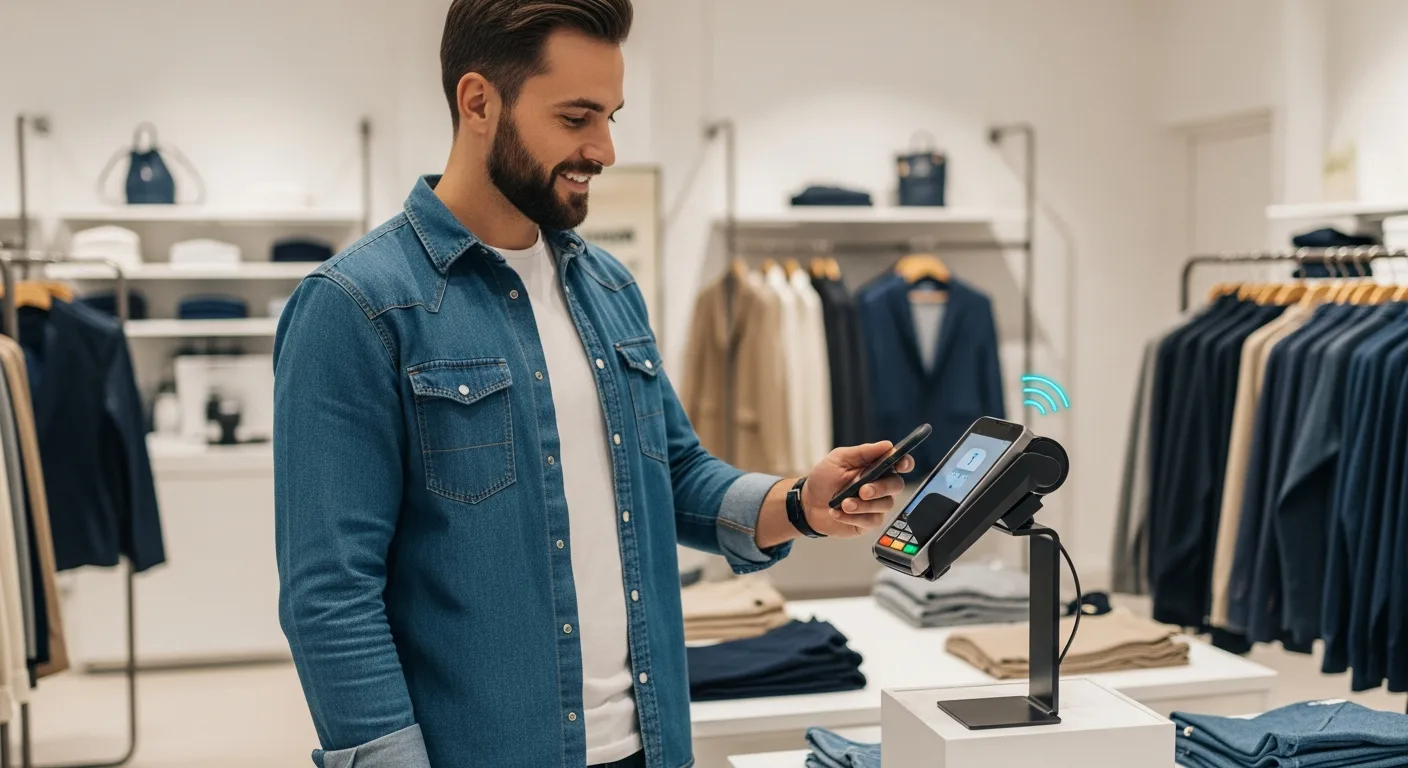 A user helps to evaluate the fintech company shopify on mobile payments via a smartphone at a retail checkout.