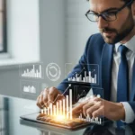 Businessman analyzing growth charts to monetize traffic using fintech affiliate programs.