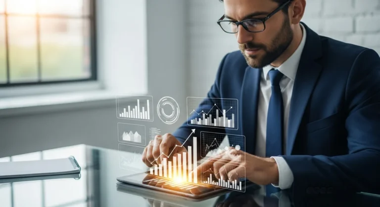 Businessman analyzing growth charts to monetize traffic using fintech affiliate programs.