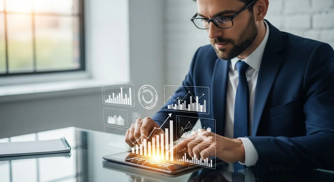 Businessman analyzing growth charts to monetize traffic using fintech affiliate programs.