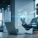 A professional man analyzing a sleek digital dashboard representing successful fintech branding for market dominance.