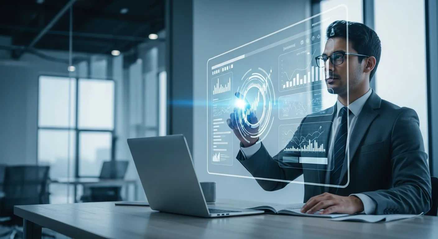 A professional man analyzing a sleek digital dashboard representing successful fintech branding for market dominance.