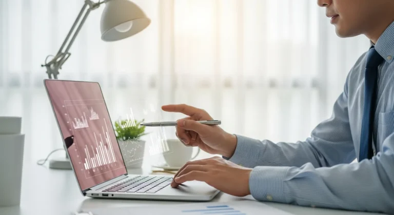 A professional researching fintech business content creation targeted keywords 2025 on a modern laptop.