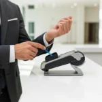 A professional man using fintech clothing to make a contactless payment with his suit sleeve at a modern terminal.