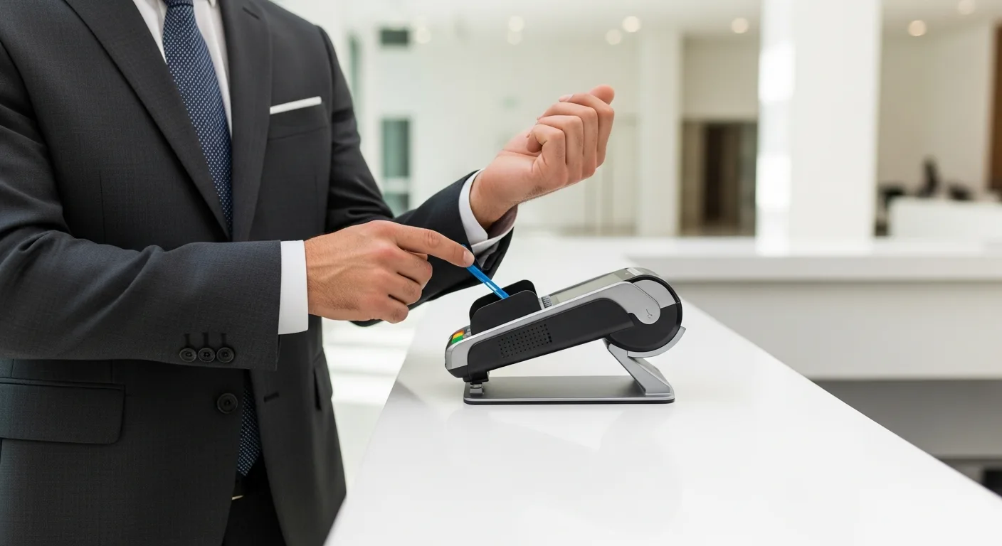 A professional man using fintech clothing to make a contactless payment with his suit sleeve at a modern terminal.