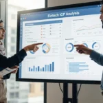 A diverse team reviewing fintech company website icp analysis criteria displayed on a large digital dashboard.