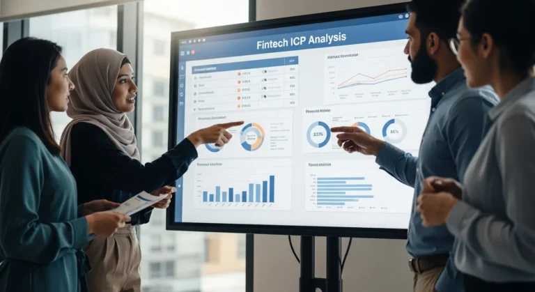 A diverse team reviewing fintech company website icp analysis criteria displayed on a large digital dashboard.