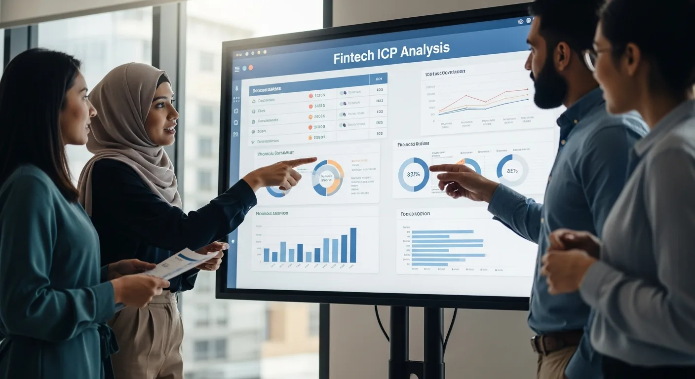 A diverse team reviewing fintech company website icp analysis criteria displayed on a large digital dashboard.