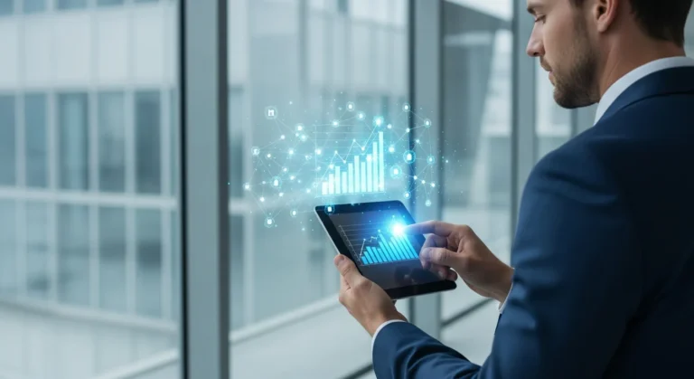 A professional man analyzing a digital data dashboard for effective fintech lead generation strategies.