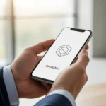 Modern fintech logo displayed on a smartphone held by a professional man in a bright office.