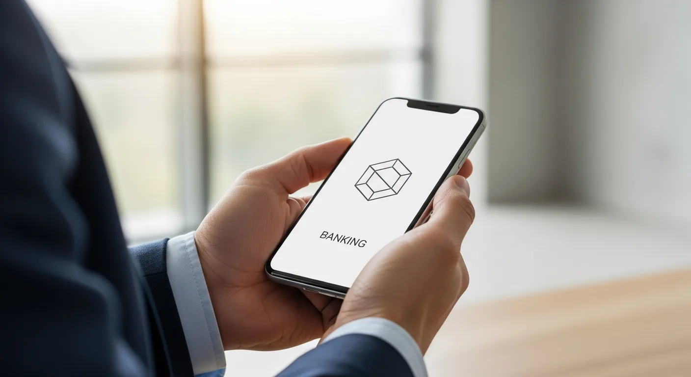 Modern fintech logo displayed on a smartphone held by a professional man in a bright office.