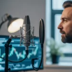 A professional recording setup for fintech podcasts featuring a high-end microphone and digital finance charts.