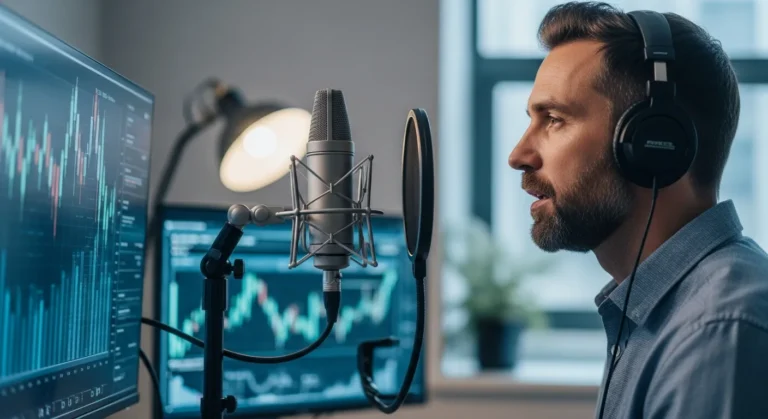 A professional recording setup for fintech podcasts featuring a high-end microphone and digital finance charts.