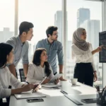 Diverse professionals in a modern office analyzing Fintech SEO data and market trends on a large screen.