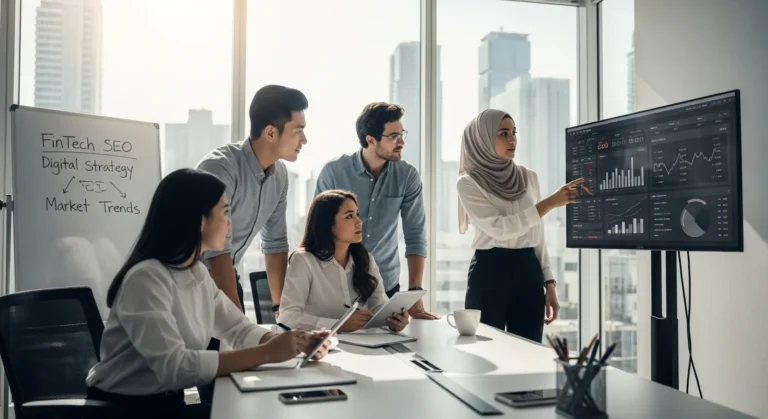 Diverse professionals in a modern office analyzing Fintech SEO data and market trends on a large screen.