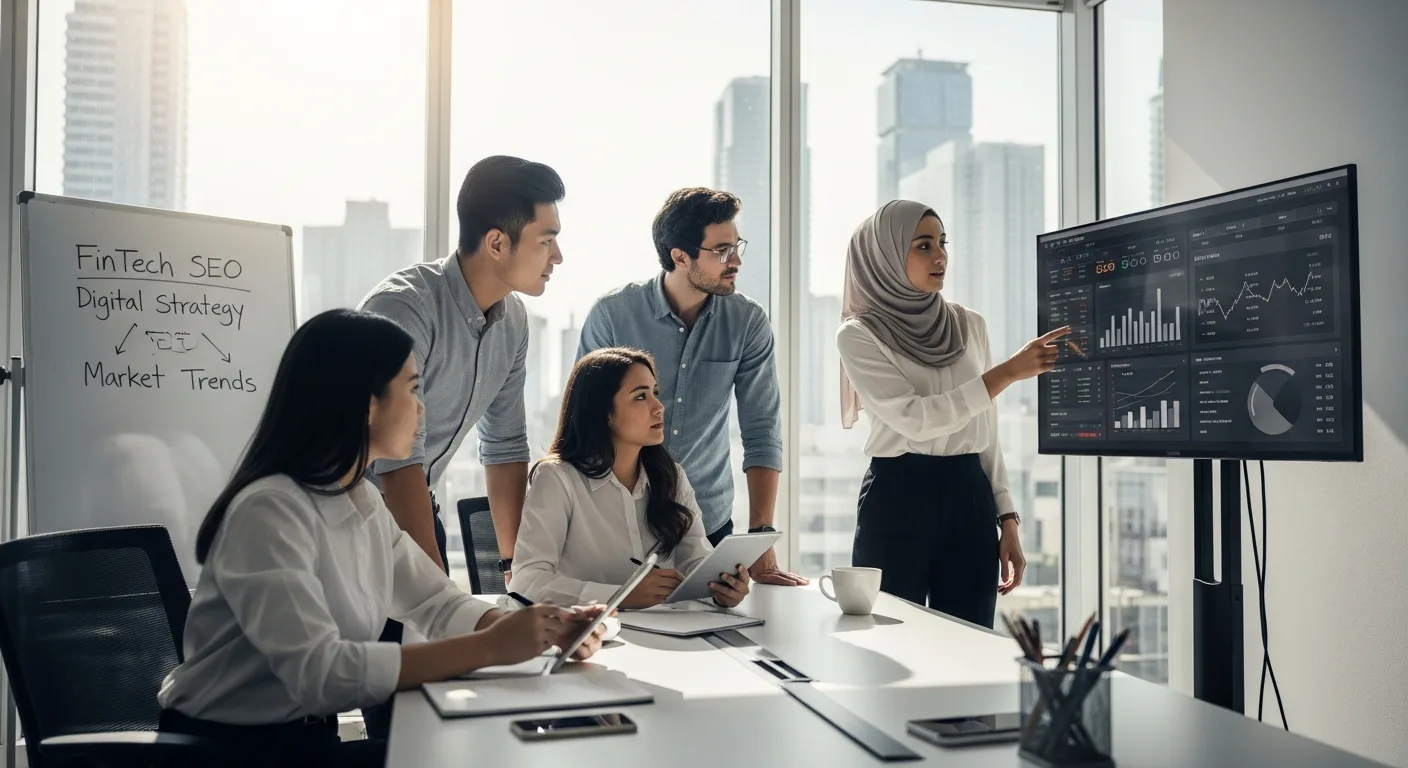 Diverse professionals in a modern office analyzing Fintech SEO data and market trends on a large screen.