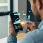 A professional watching fintech shorts on a mobile phone with holographic financial data overlays.