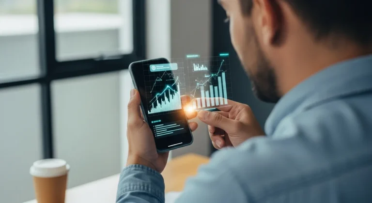 A professional watching fintech shorts on a mobile phone with holographic financial data overlays.