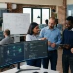 A diverse group of developers collaborating around a large monitor in a modern office, which displays a fintech software development architecture diagram and code.