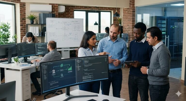 A diverse group of developers collaborating around a large monitor in a modern office, which displays a fintech software development architecture diagram and code.