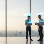 Two professional men collaborating with fintech specialized agencies to analyze digital financial growth trends.