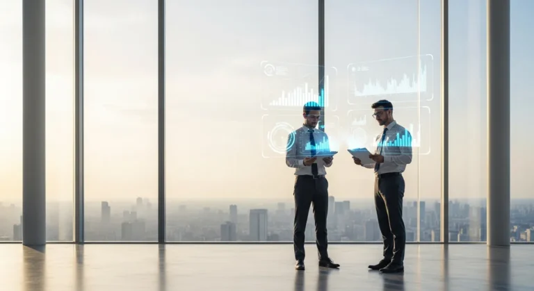 Two professional men collaborating with fintech specialized agencies to analyze digital financial growth trends.
