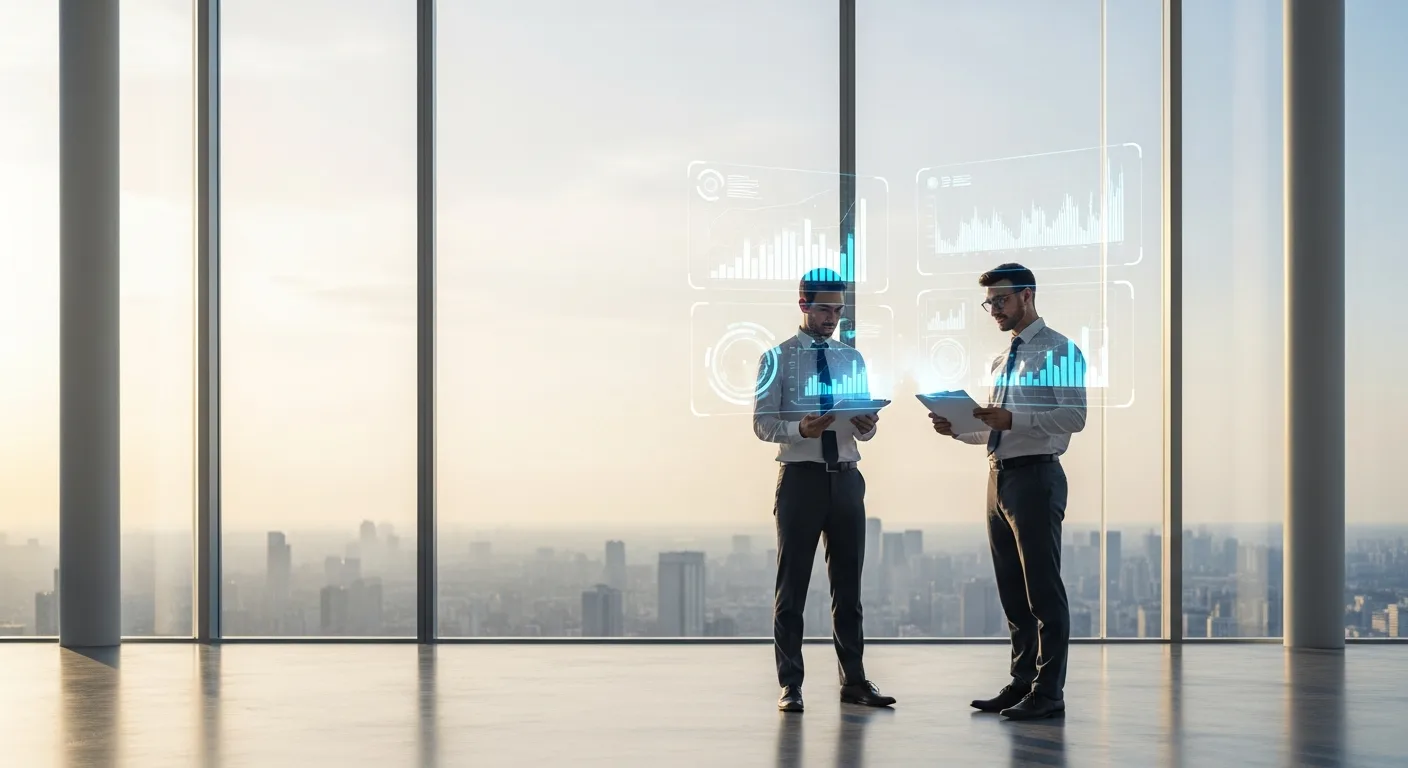 Two professional men collaborating with fintech specialized agencies to analyze digital financial growth trends.