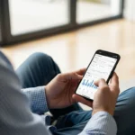 A professional man managing his monthly expenses on a smartphone using the flex fintech app interface.
