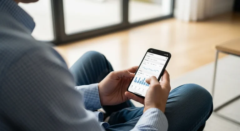 A professional man managing his monthly expenses on a smartphone using the flex fintech app interface.
