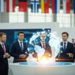 Diverse business leaders exploring the global fintech fest 2024 countries represented at a high-tech conference.