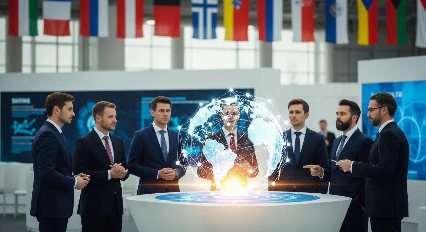Diverse business leaders exploring the global fintech fest 2024 countries represented at a high-tech conference.