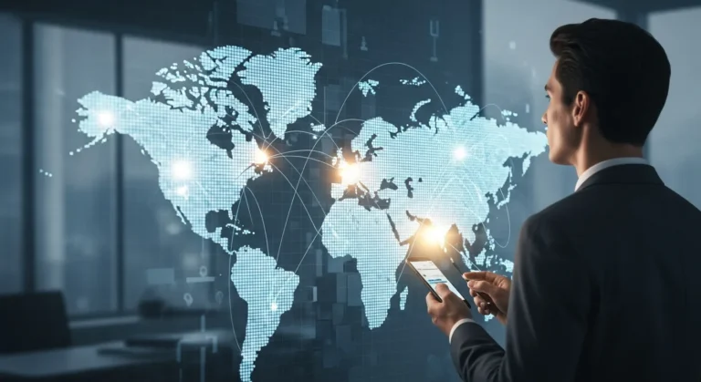 A digital visualization showing the impact of industry fintech on global economic infrastructure and financial networks.