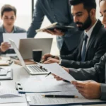 Diverse professionals review documents in an office setting. They wonder: is rent tax deductible?