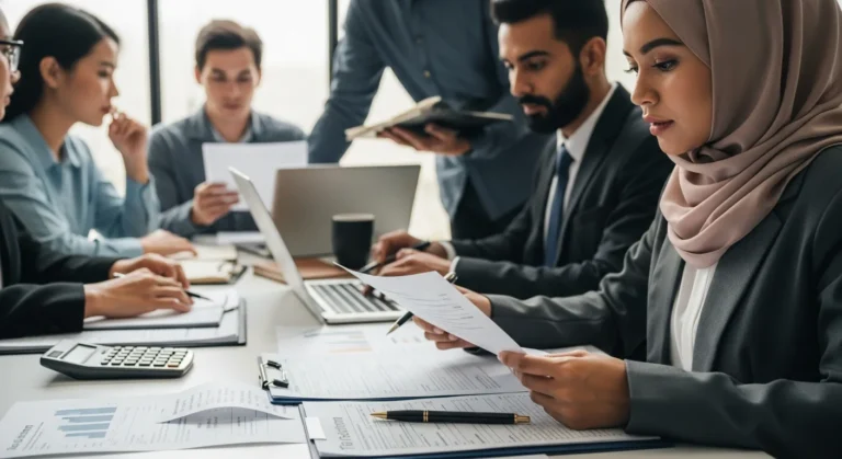 Diverse professionals review documents in an office setting. They wonder: is rent tax deductible?