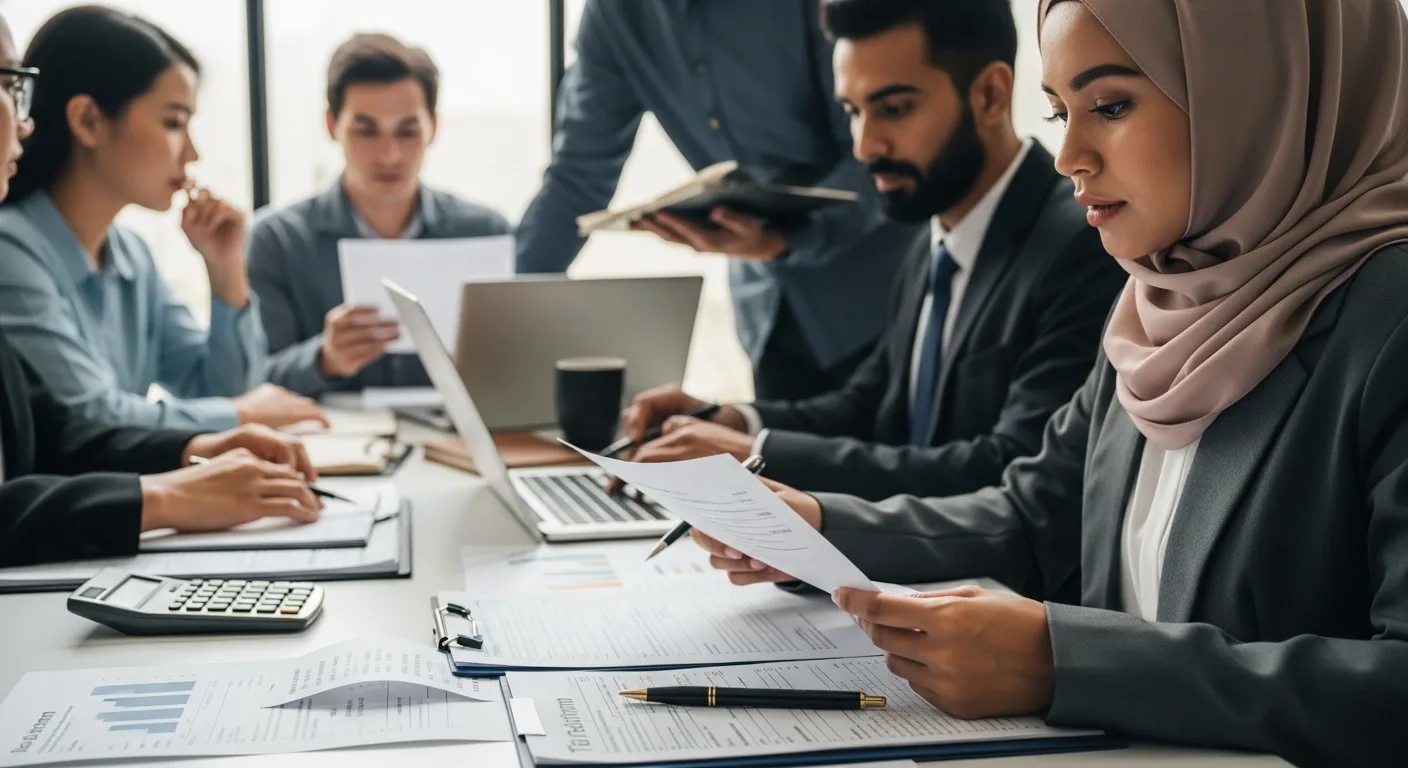 Diverse professionals review documents in an office setting. They wonder: is rent tax deductible?